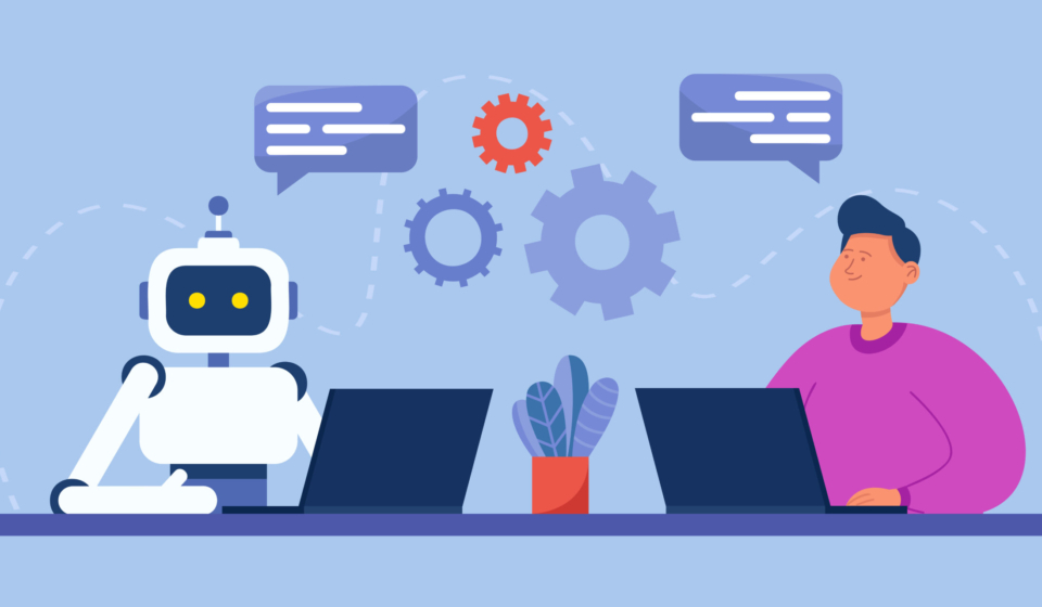 Man and robot with computers sitting together in workplace. Artificial intelligence workforce of future flat vector illustration. Friendship, AI, cooperation, digital technology concept for banner